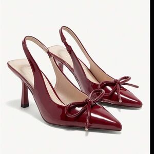 Burgundy maroon dark red wine color slingback faux leather patent bow heels
